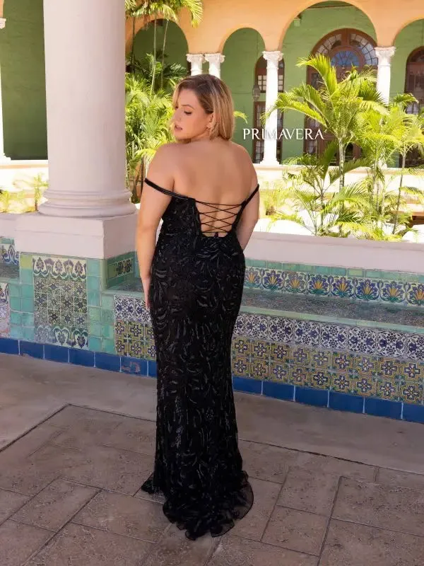 Primavera Couture 14054 Long Prom Dress Plus Size Corset Sequin Fitted Off Shoulder Formal Gown