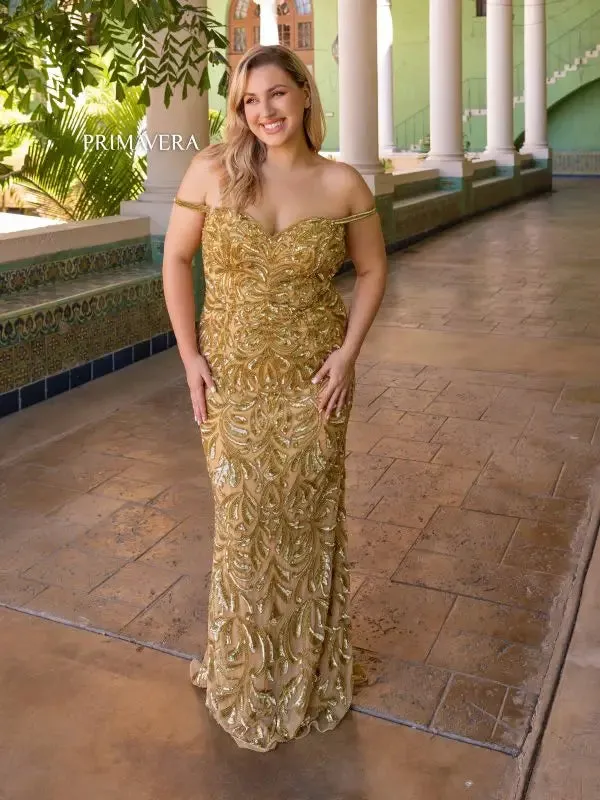 Primavera Couture 14054 Long Prom Dress Plus Size Corset Sequin Fitted Off Shoulder Formal Gown