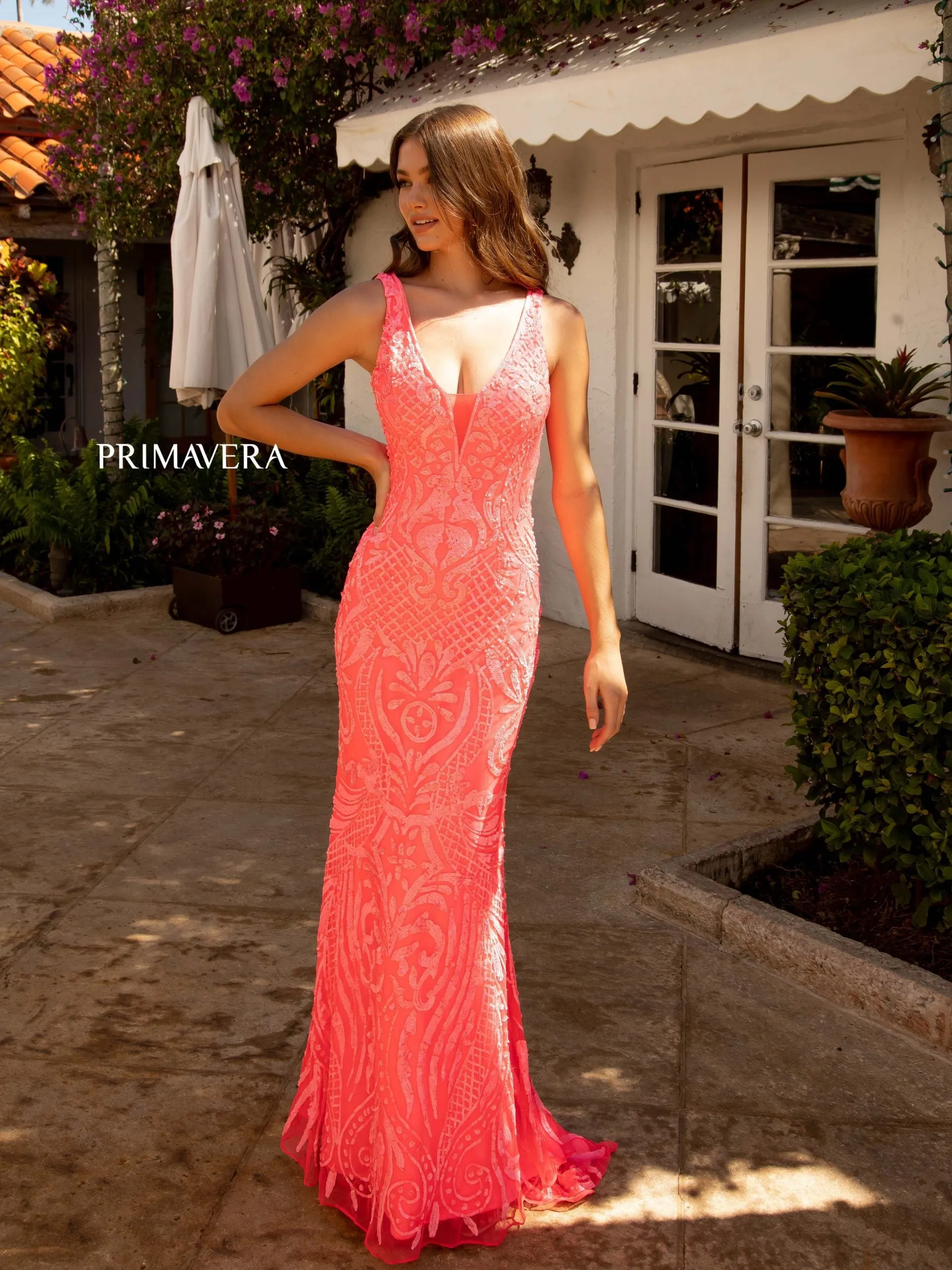 Primavera Couture 3722 Size 14 Iridescent Prom Dress V Neckline V Back Long Sequins Evening Gown
