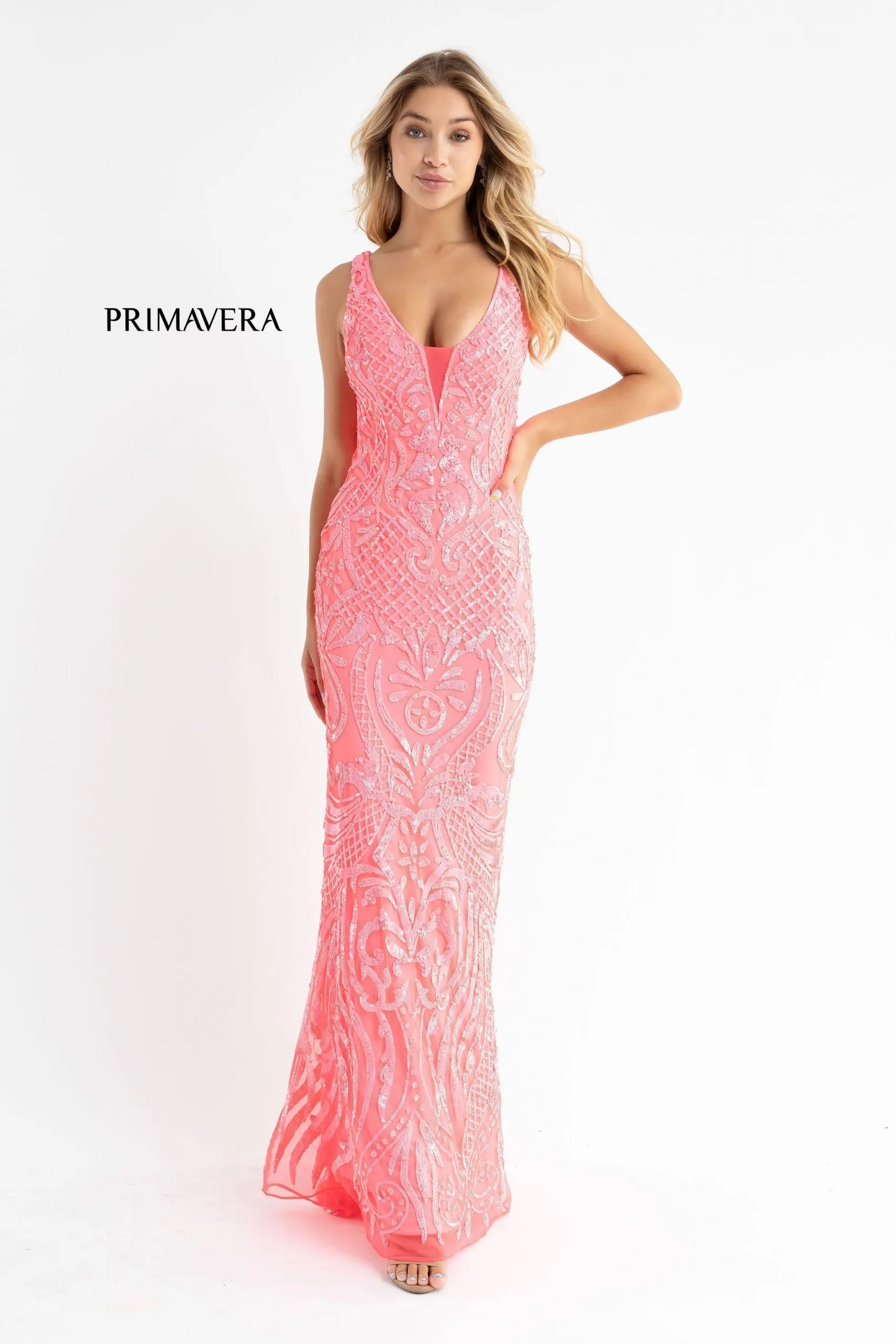 Primavera Couture 3722 Size 14 Iridescent Prom Dress V Neckline V Back Long Sequins Evening Gown