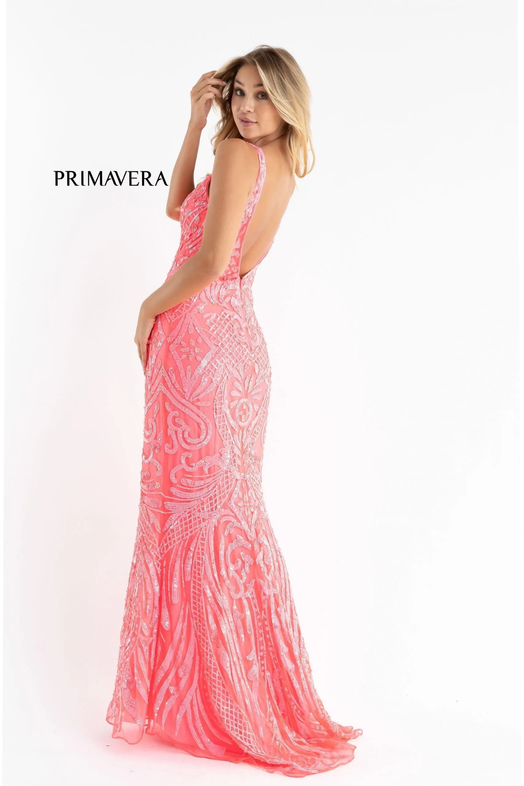 Primavera Couture 3722 Size 14 Iridescent Prom Dress V Neckline V Back Long Sequins Evening Gown