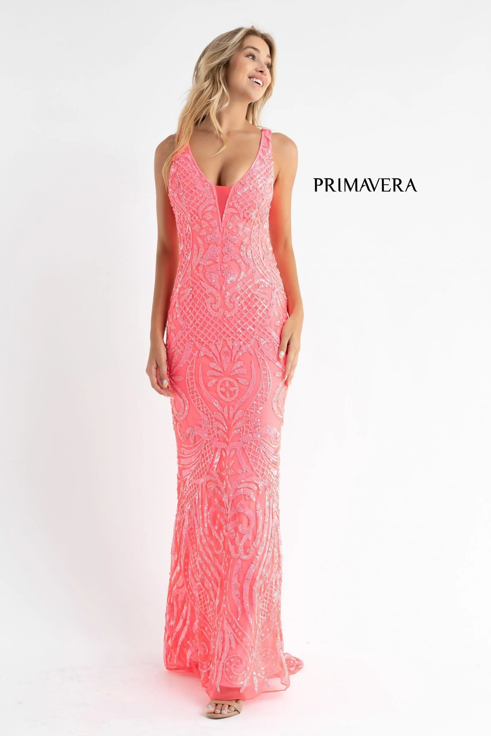 Primavera Couture 3722 Size 14 Iridescent Prom Dress V Neckline V Back Long Sequins Evening Gown