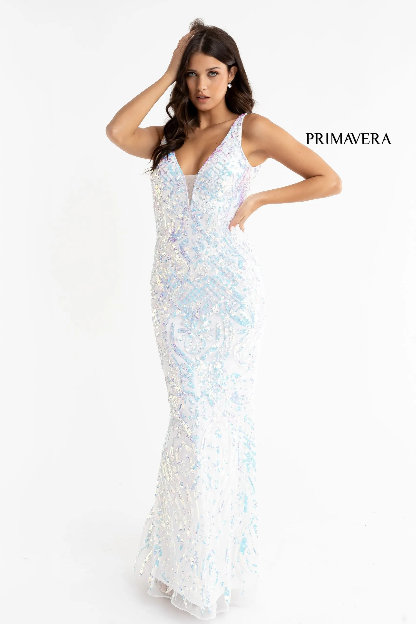 Primavera Couture 3722 Size 14 Iridescent Prom Dress V Neckline V Back Long Sequins Evening Gown