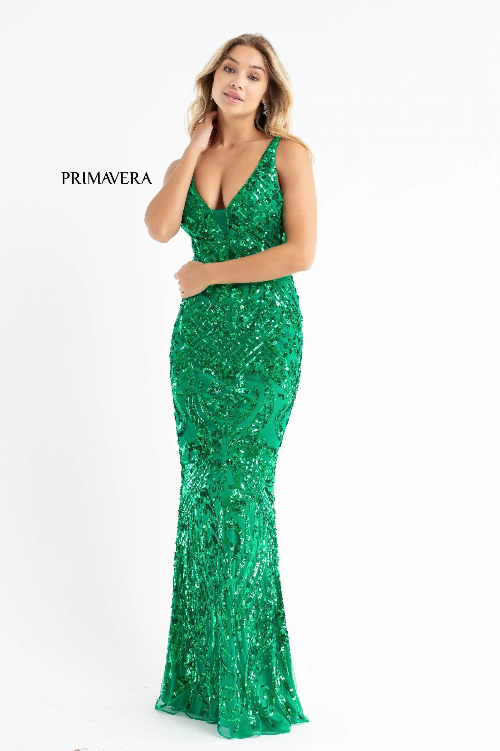 Primavera Couture 3722 Size 14 Iridescent Prom Dress V Neckline V Back Long Sequins Evening Gown