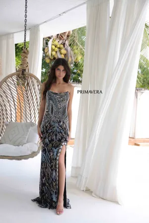 Primavera Couture 4331 Size 6 Black Long Beaded Corset Prom Dress Strapless Slit Formal Evening Gown