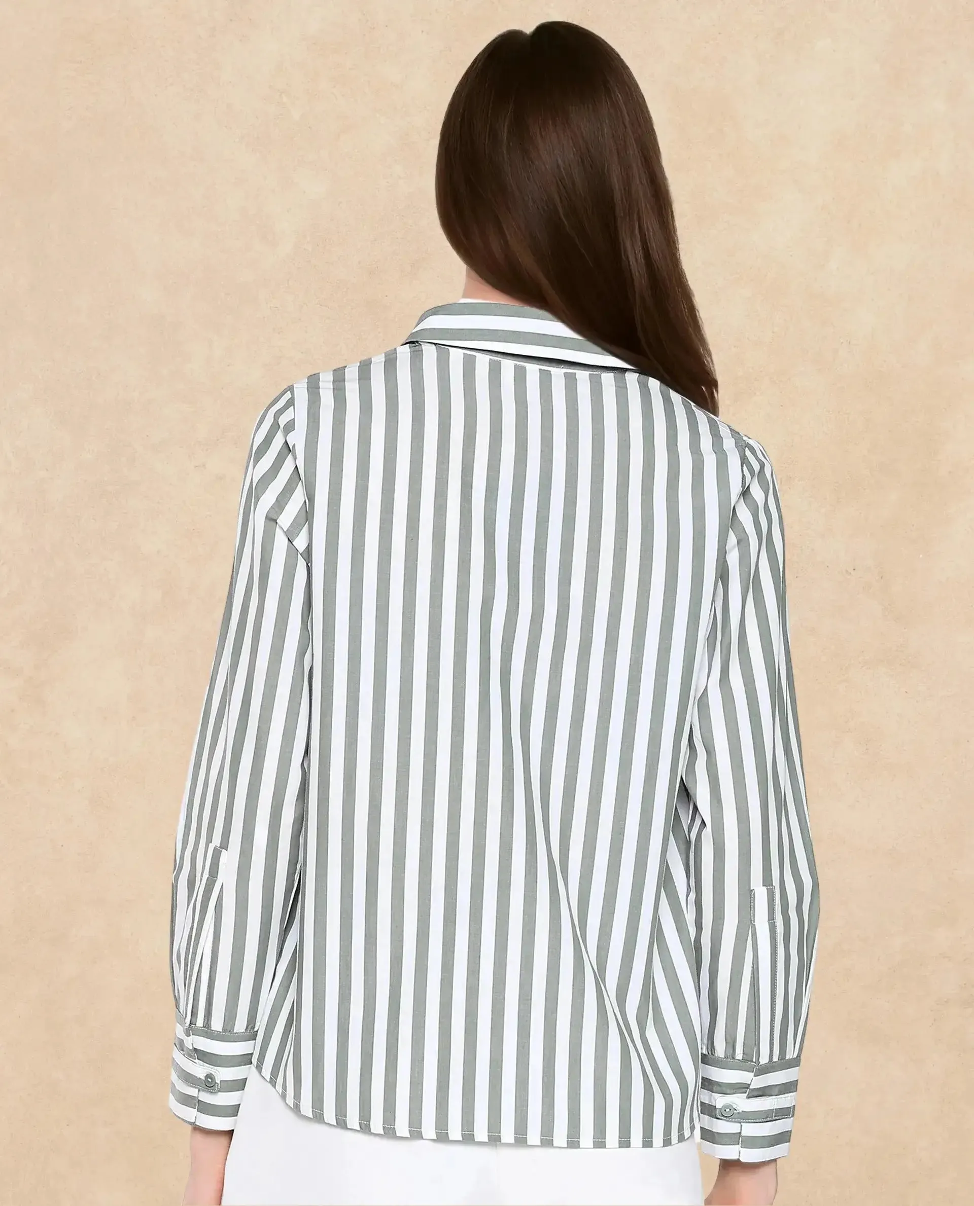 Rareism Women Gloop Green Cuffed Sleeves Collared Neck Button Closure Narrow Stripes Shirt