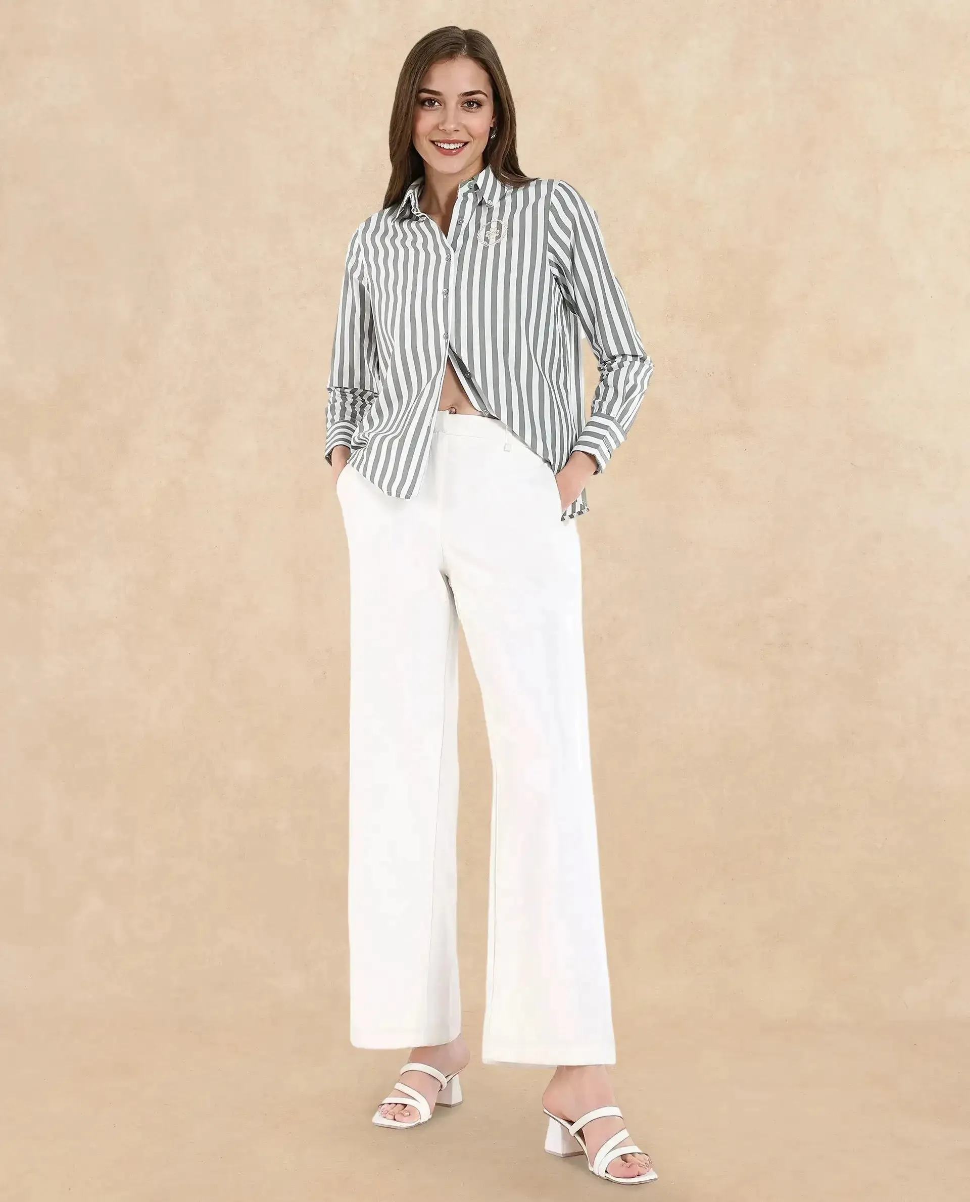 Rareism Women Gloop Green Cuffed Sleeves Collared Neck Button Closure Narrow Stripes Shirt
