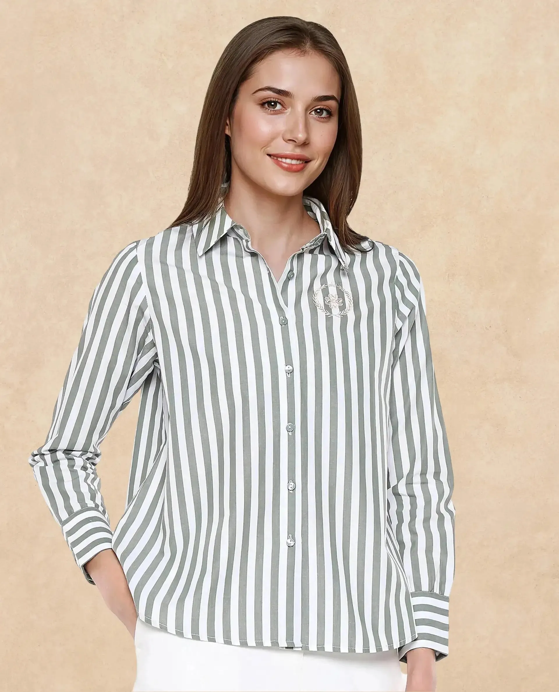 Rareism Women Gloop Green Cuffed Sleeves Collared Neck Button Closure Narrow Stripes Shirt