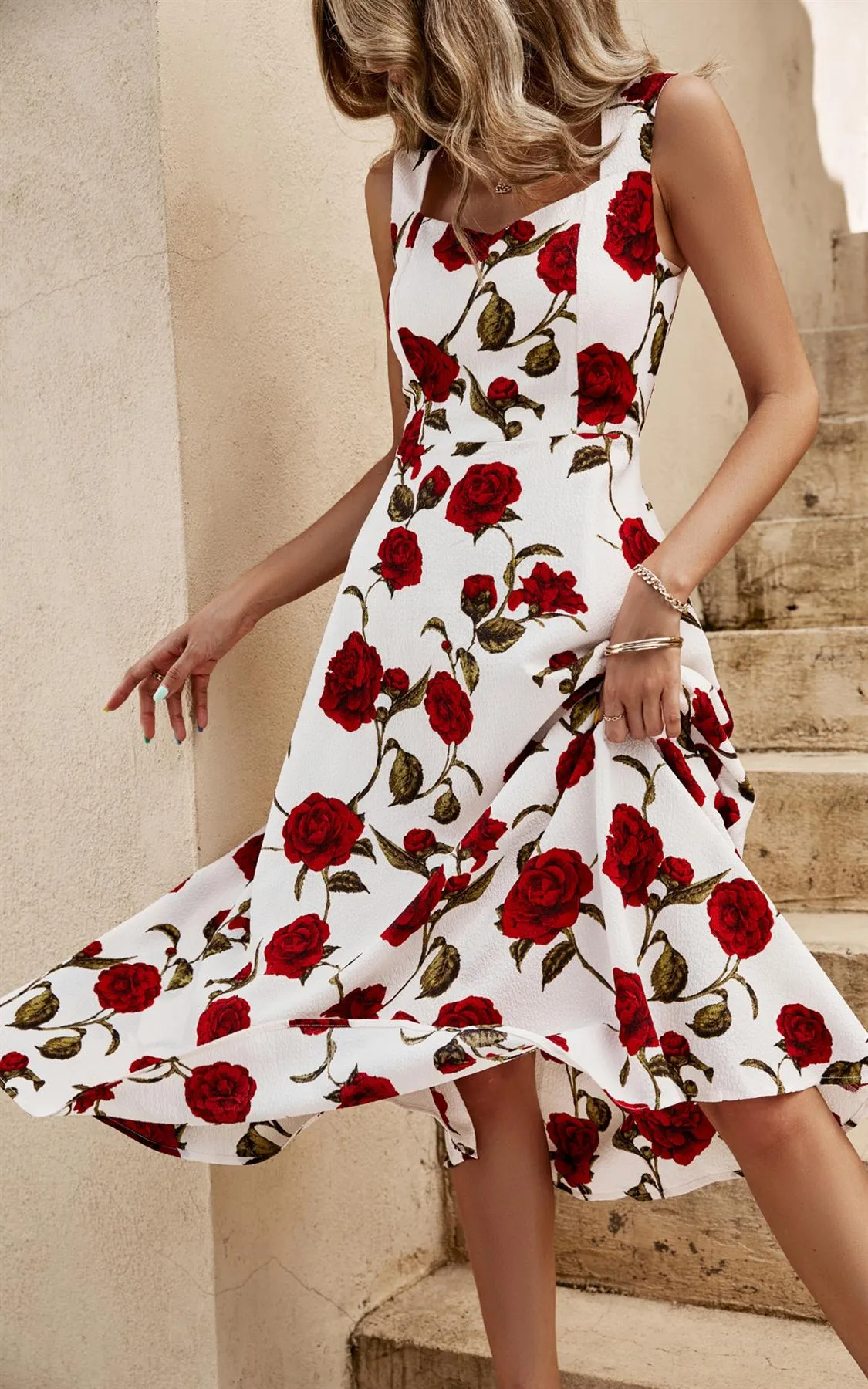 Red Roses Print Heart Neck Midi Dress In White