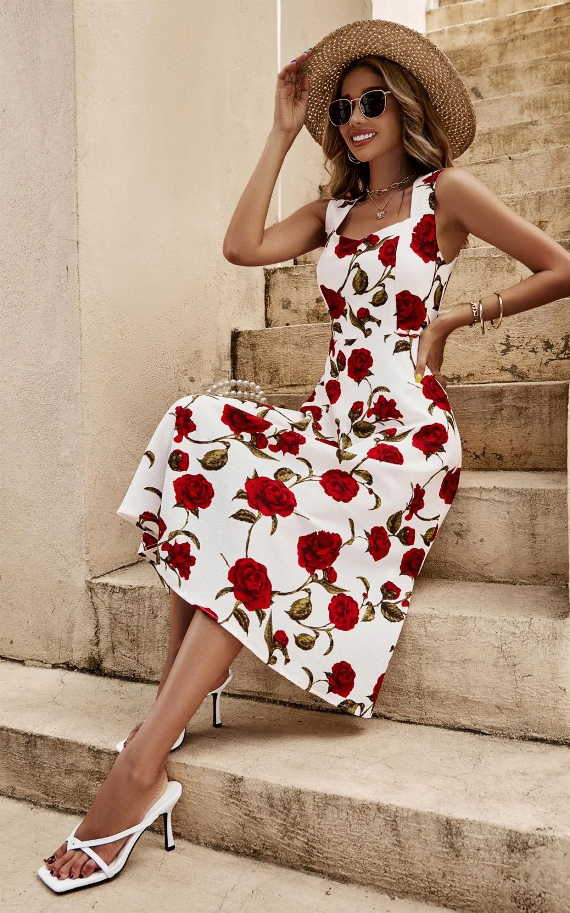 Red Roses Print Heart Neck Midi Dress In White