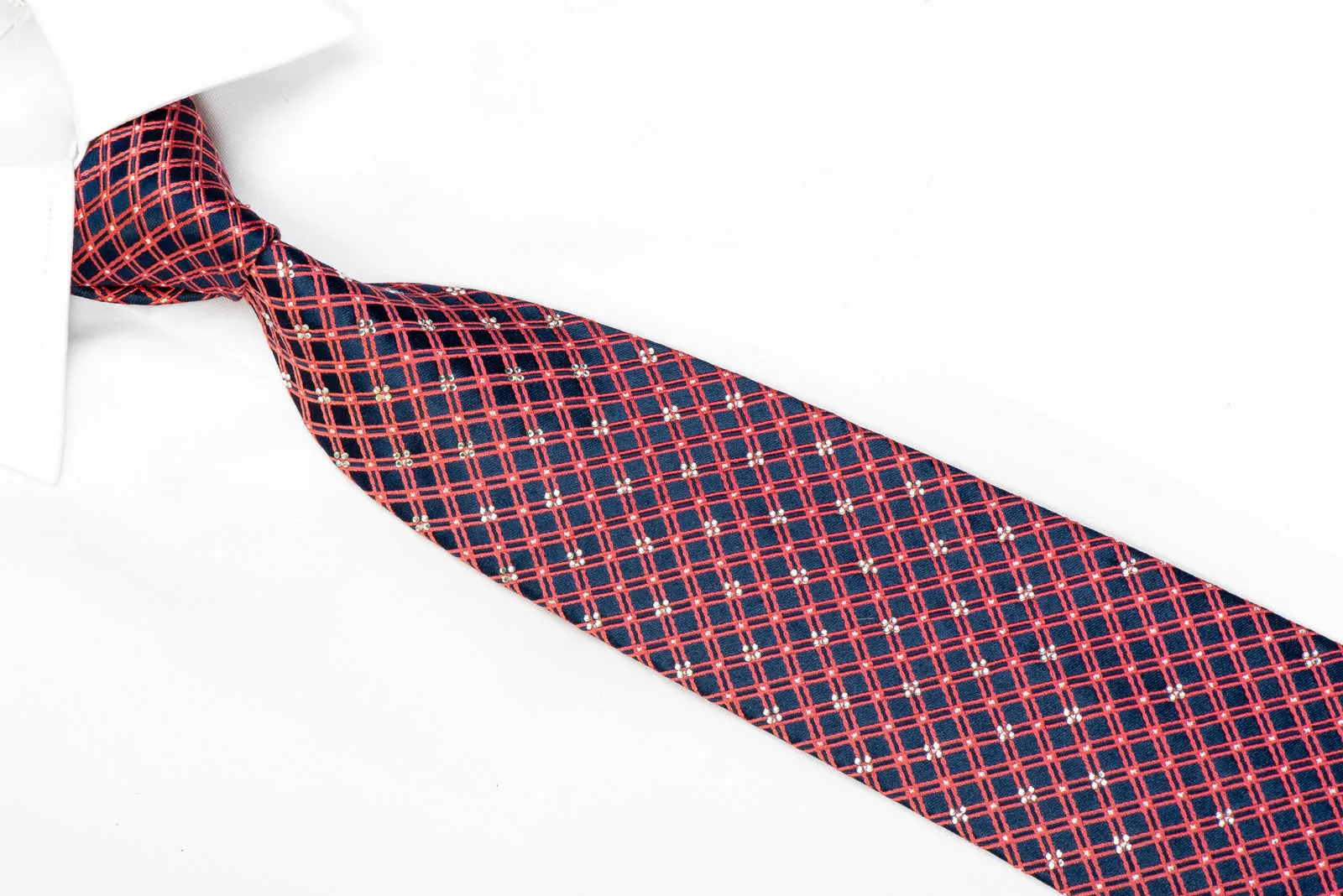 Rhinestone Tie Pink Checkered Stripes On Navy With Sparkles
