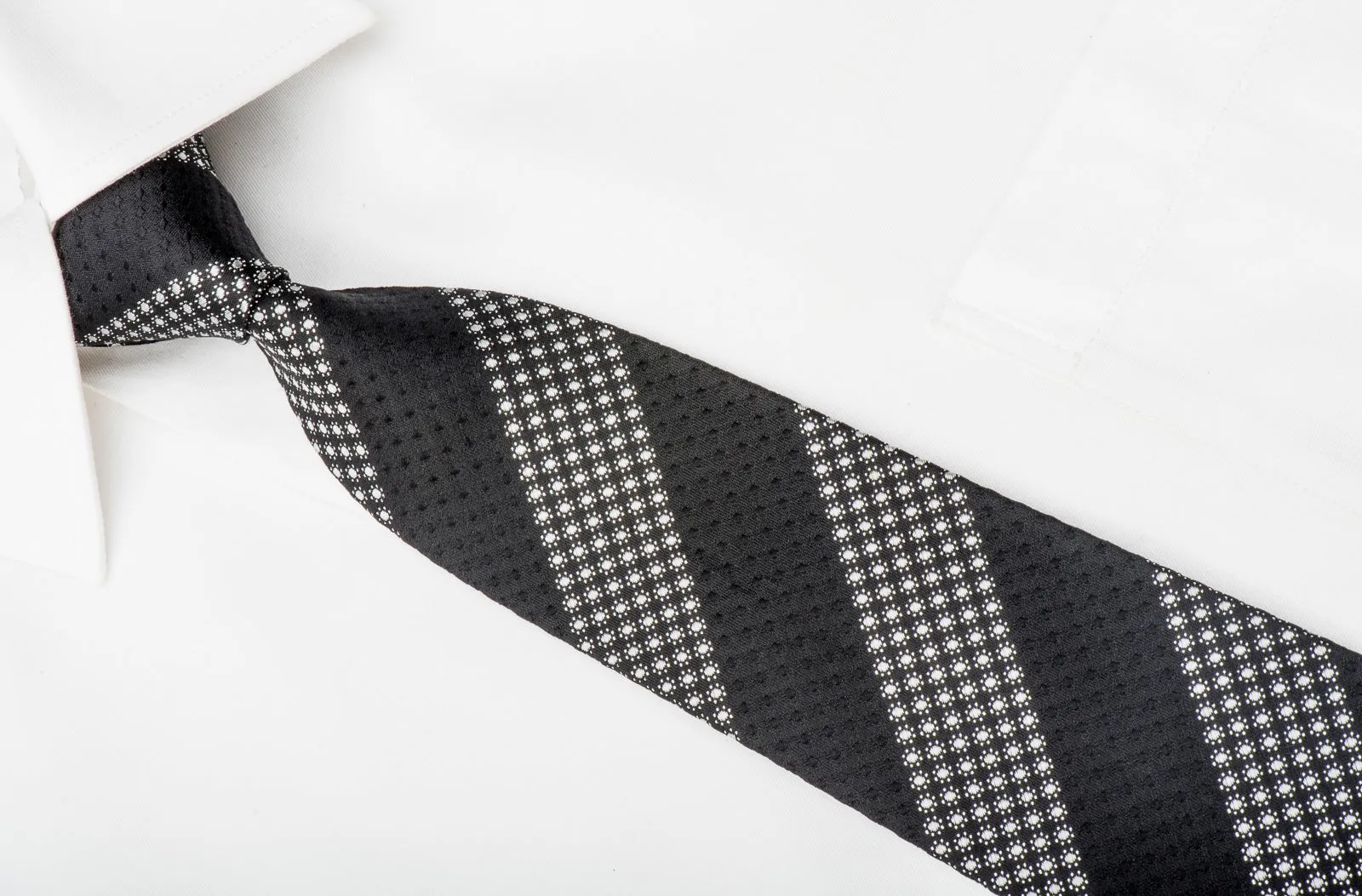 Roberto Comocino Men's Silk Skinny Tie Silver Dot Stripes On Black With Silver Sparkles