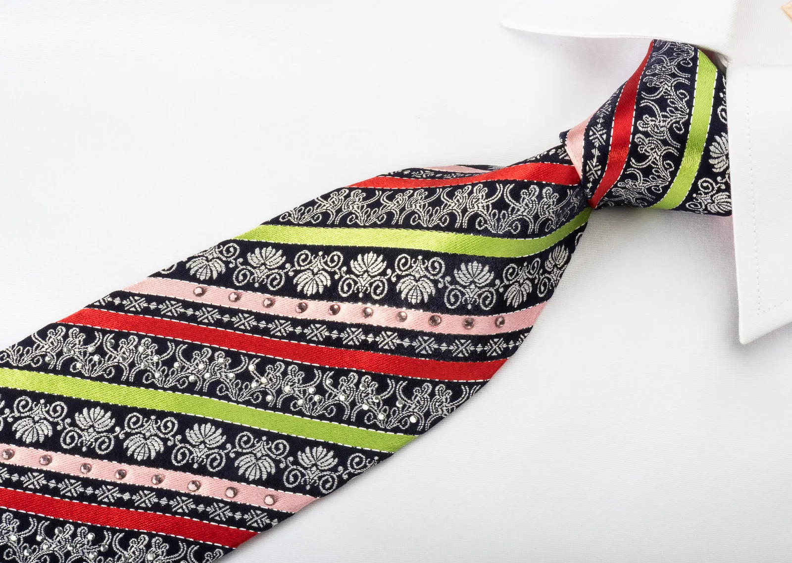 Rogers Dail Silk Rhinestone Necktie Color Stripes Silver Cartouche On Black With Sparkles