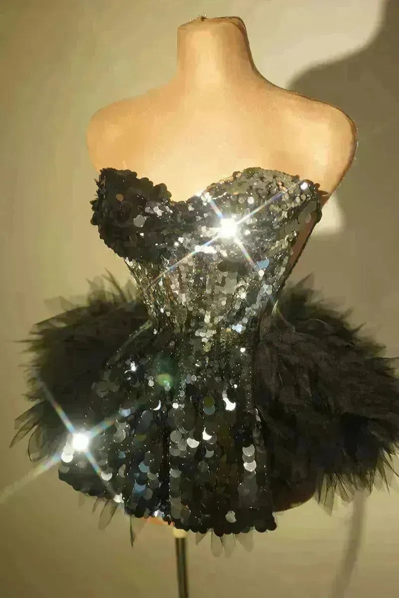 Strapless Tassle  Corset dress Women's Tube Top Rhinestone Chain Skirt Outfit for Evening party Cocktail event