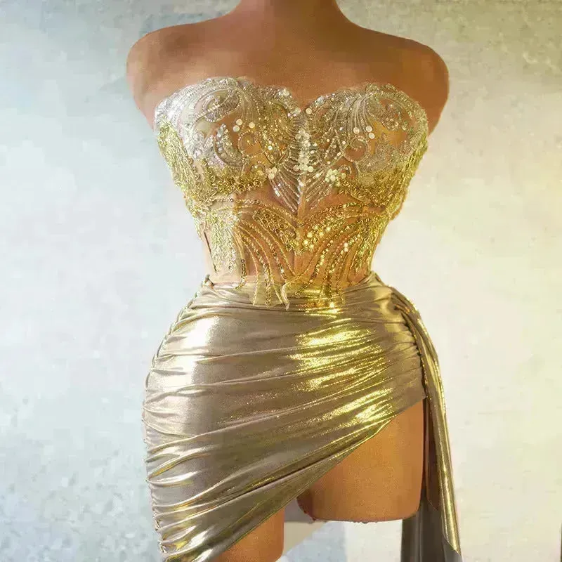 Strapless Tassle  Corset dress Women's Tube Top Rhinestone Chain Skirt Outfit for Evening party Cocktail event