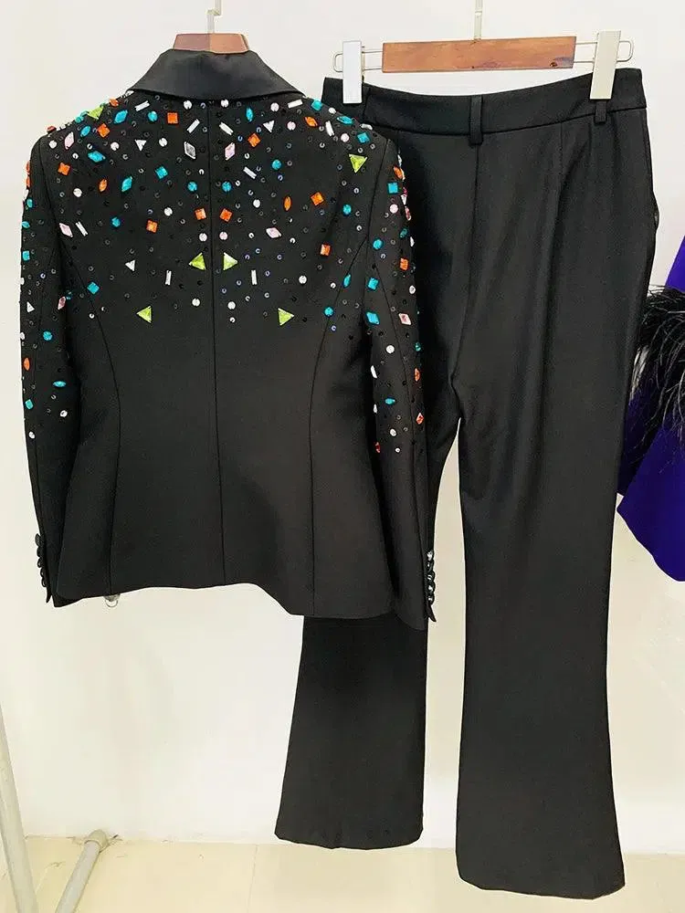 Strass Diamonds Beaded Blazer Pant Suit - Women Tuxedo Trouser Suit