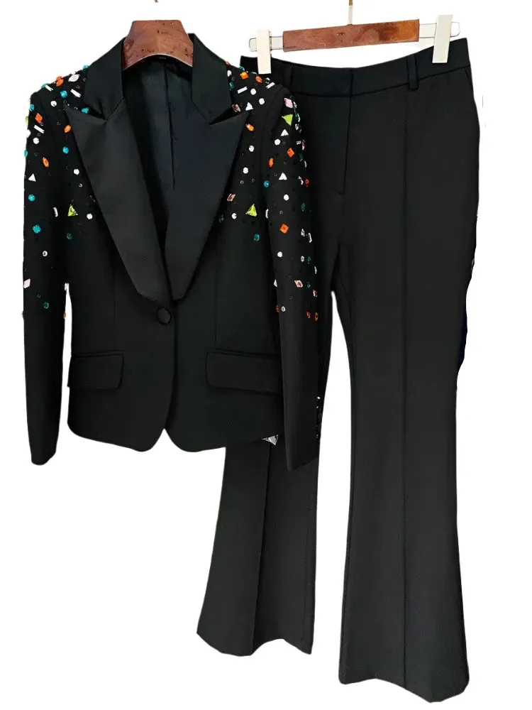Strass Diamonds Beaded Blazer Pant Suit - Women Tuxedo Trouser Suit