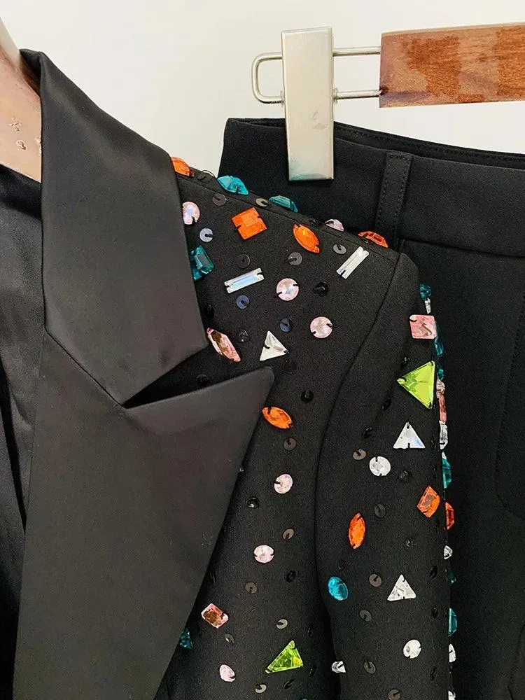 Strass Diamonds Beaded Blazer Pant Suit - Women Tuxedo Trouser Suit