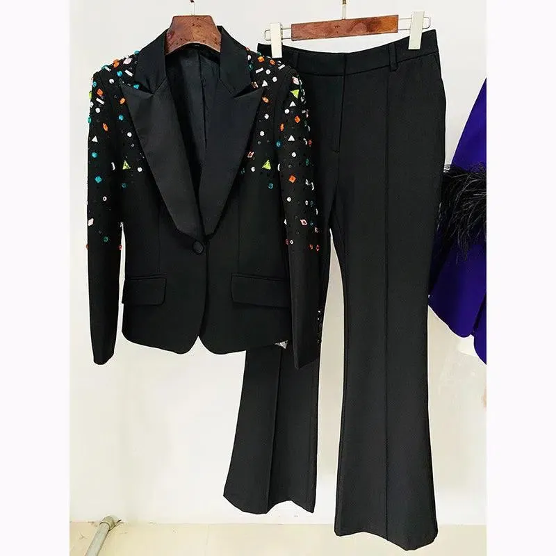 Strass Diamonds Beaded Blazer Pant Suit - Women Tuxedo Trouser Suit