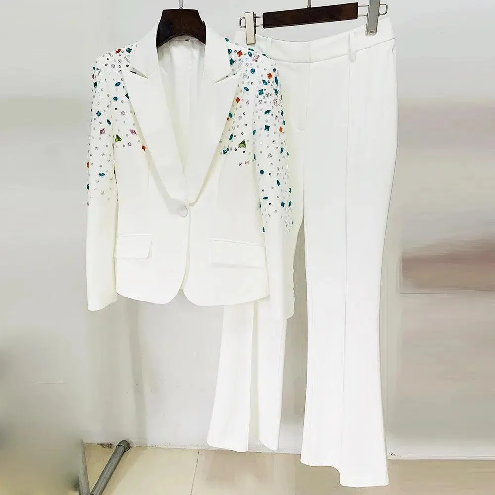 Strass Diamonds Beaded Blazer Pant Suit - Women Tuxedo Trouser Suit