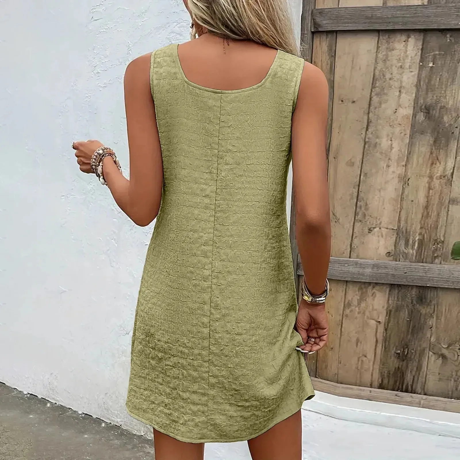 Summer Sleeveless Loose Beach Diagonal Collar Simple Tank Casual Mini Dress