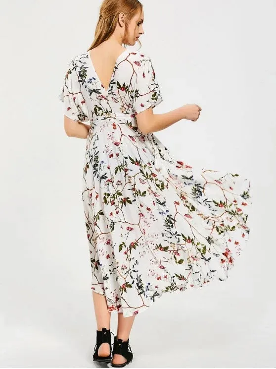 TastyHottie - Gorgeous Empire Waist Floral Asymmetrical Midi Dress