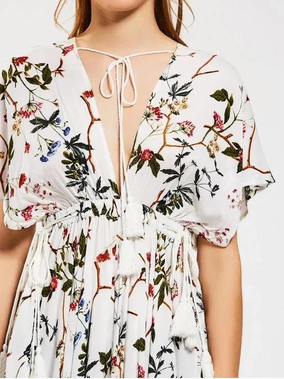 TastyHottie - Gorgeous Empire Waist Floral Asymmetrical Midi Dress