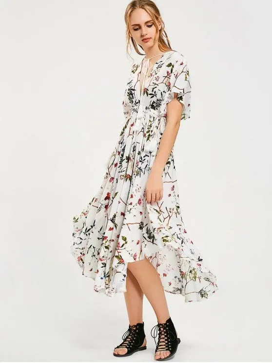 TastyHottie - Gorgeous Empire Waist Floral Asymmetrical Midi Dress