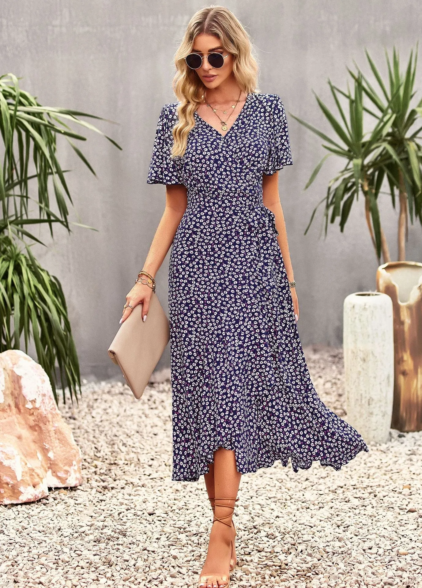 TastyHottie - Joanna Floral Print A-line Split Summer Midi Dress
