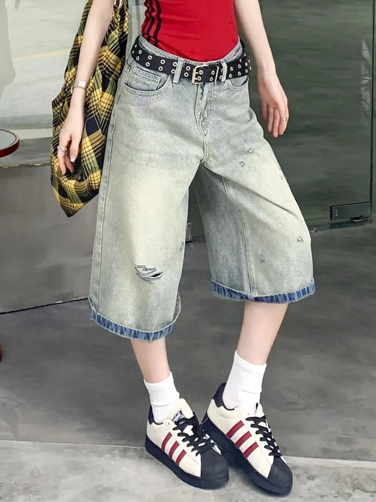 TAVIMART  -  New Ripped Calf-length Jeans Women Vintage Boyfriend Loose Wide Leg Calf-length Denim Pants Summer