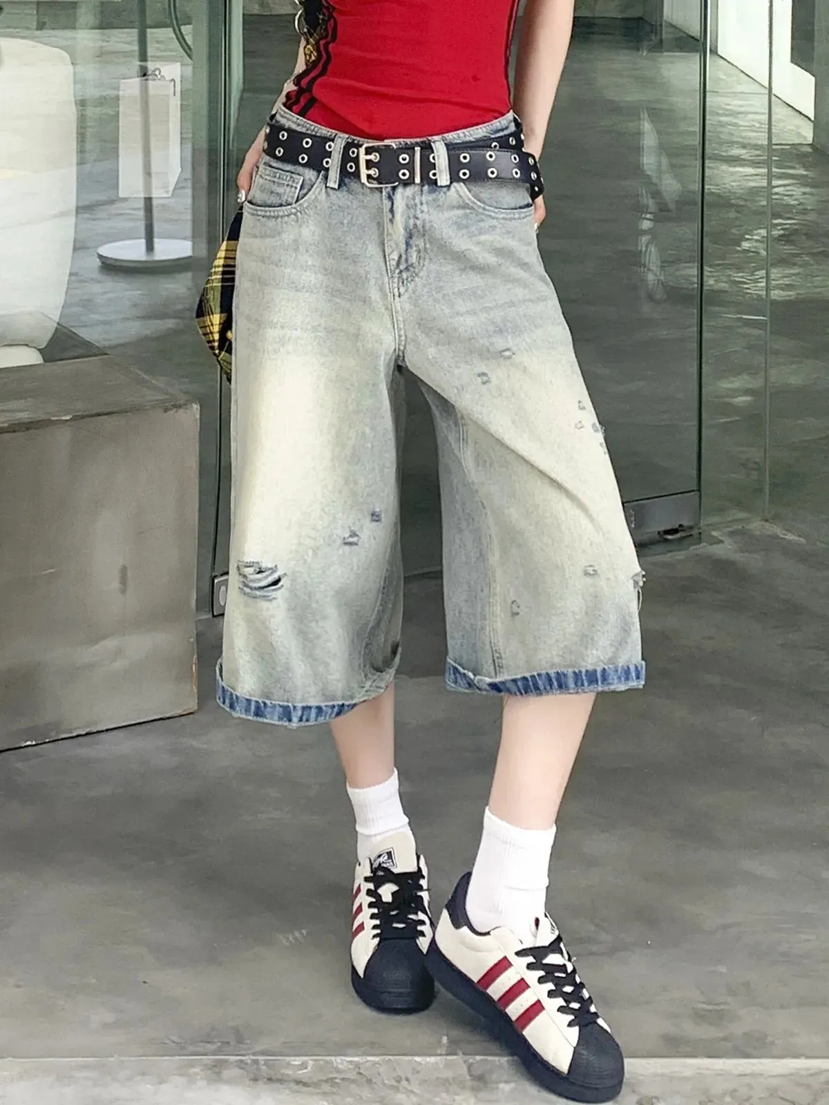 TAVIMART  -  New Ripped Calf-length Jeans Women Vintage Boyfriend Loose Wide Leg Calf-length Denim Pants Summer