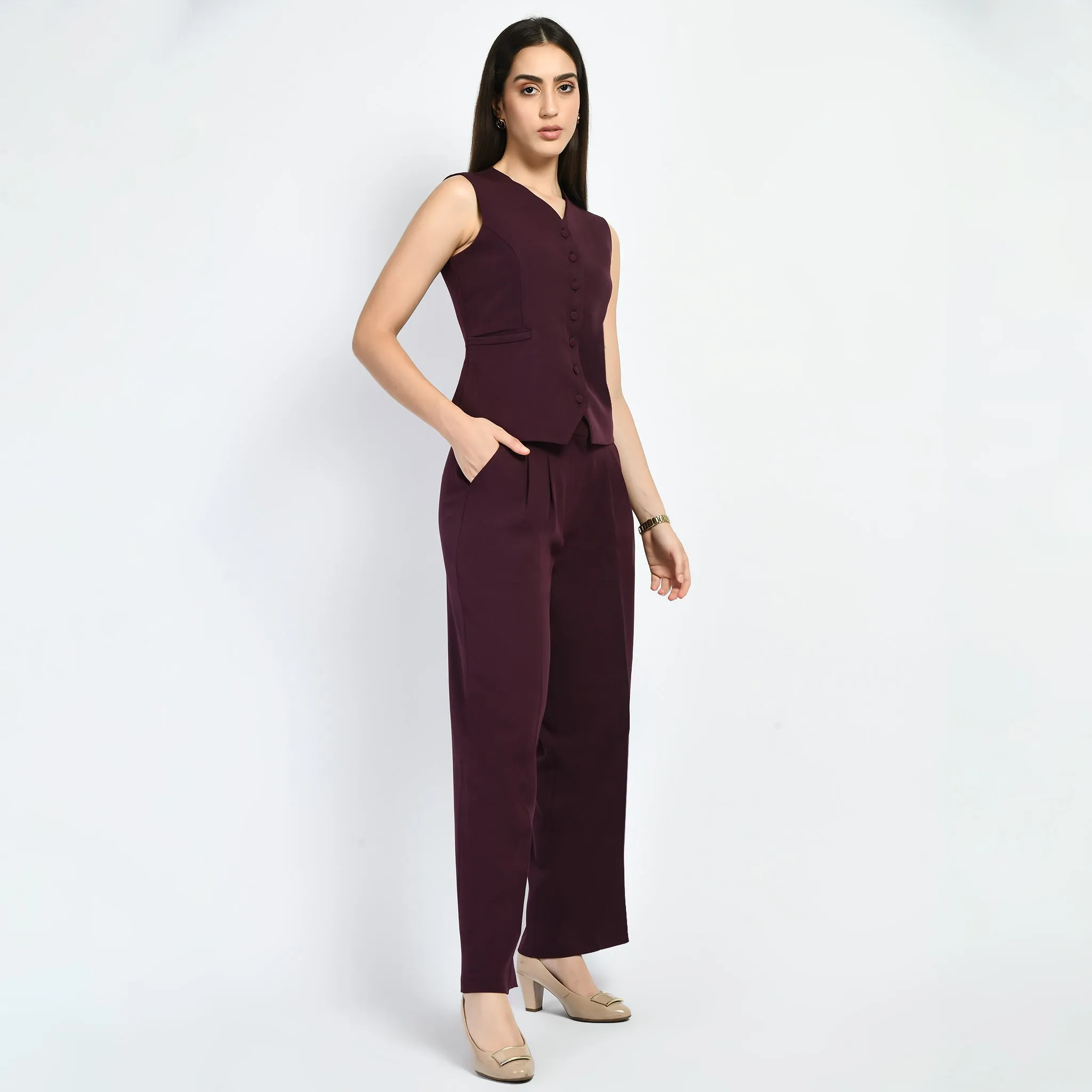 Wine Elusiveness Solid Trouser Coat Top Co-Ord Set