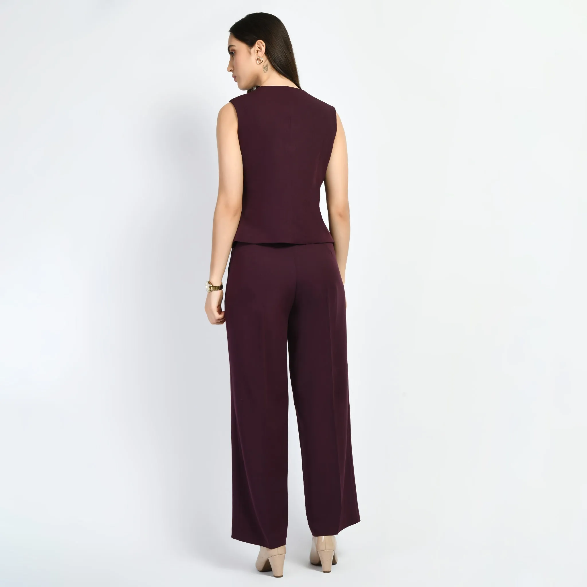 Wine Elusiveness Solid Trouser Coat Top Co-Ord Set