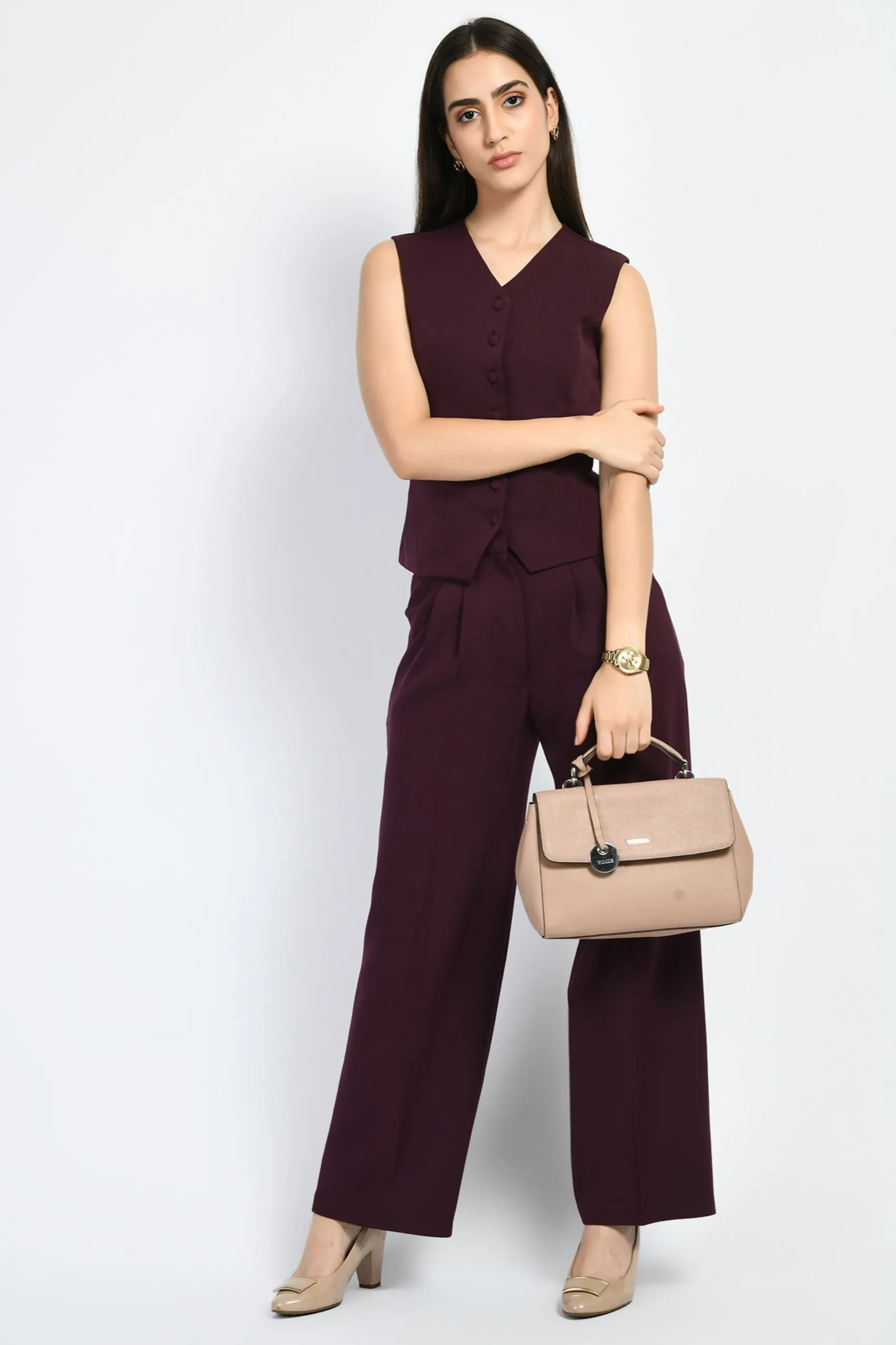 Wine Elusiveness Solid Trouser Coat Top Co-Ord Set