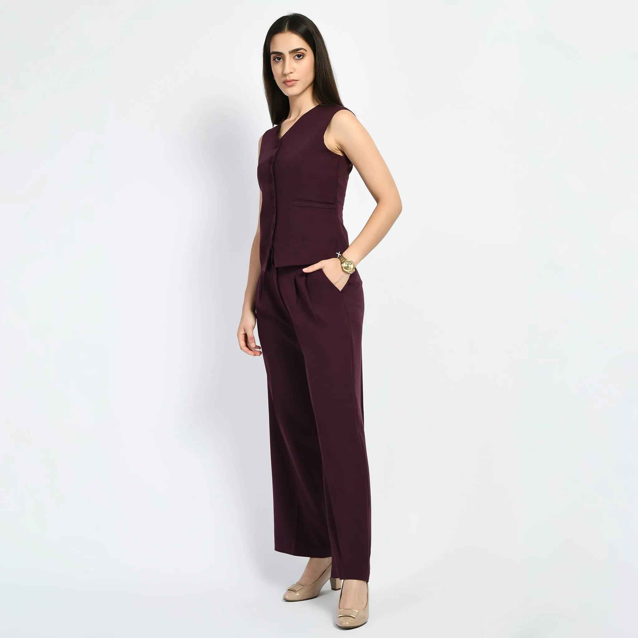 Wine Elusiveness Solid Trouser Coat Top Co-Ord Set