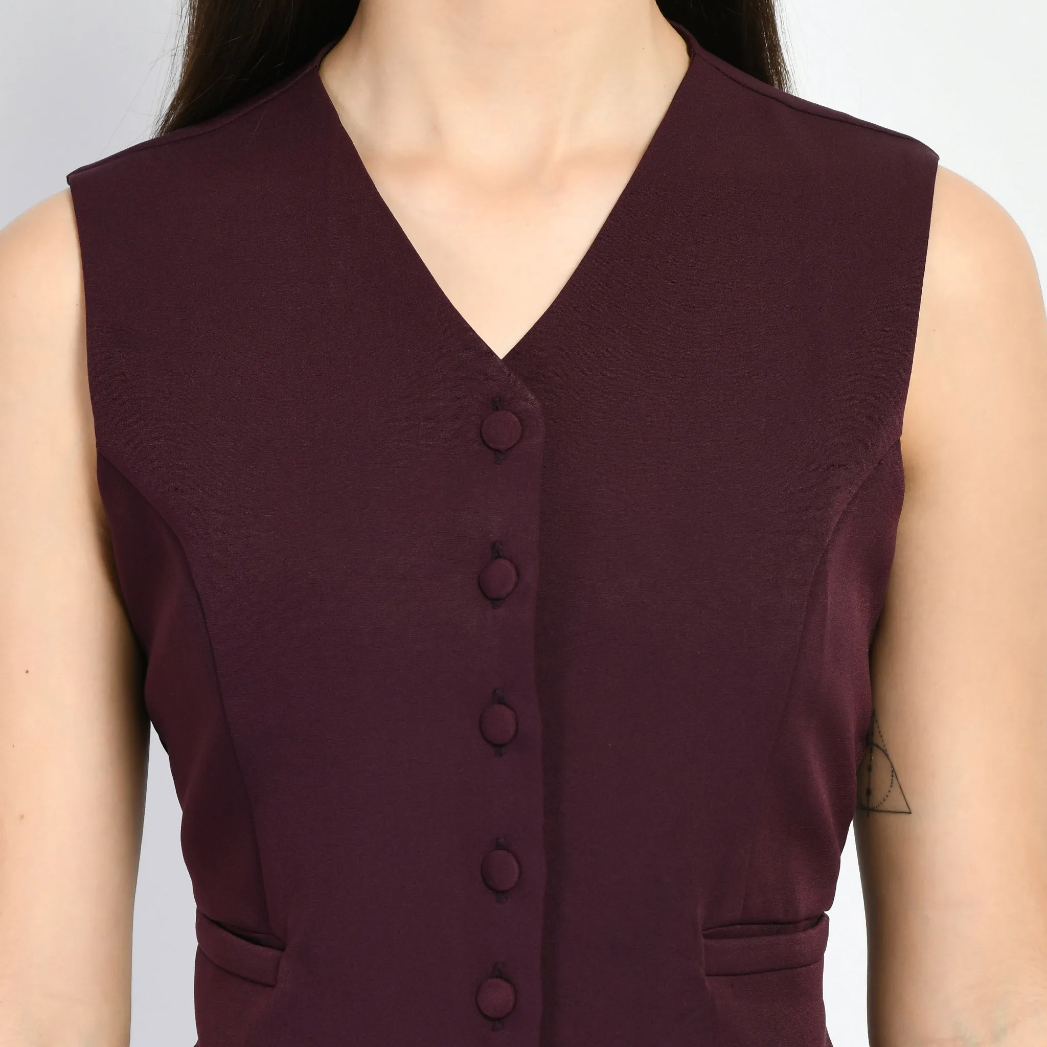 Wine Elusiveness Solid Trouser Coat Top Co-Ord Set