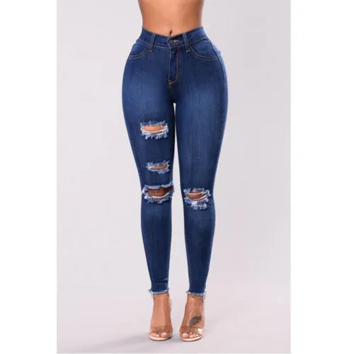Women Stretch Ripped Distressed Skinny High Waist Denim Pants Shredded Jeans Trousers Slim Jeggings Laides Spring Autumn Wear