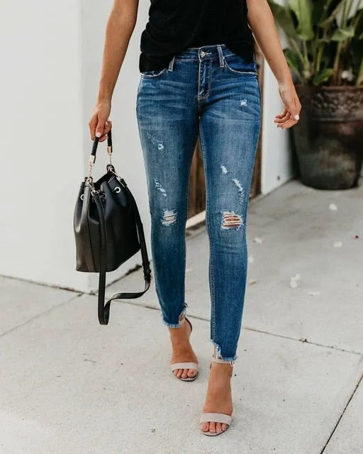 Women Stretch Ripped Distressed Skinny High Waist Denim Pants Shredded Jeans Trousers Slim Jeggings Laides Spring Autumn Wear