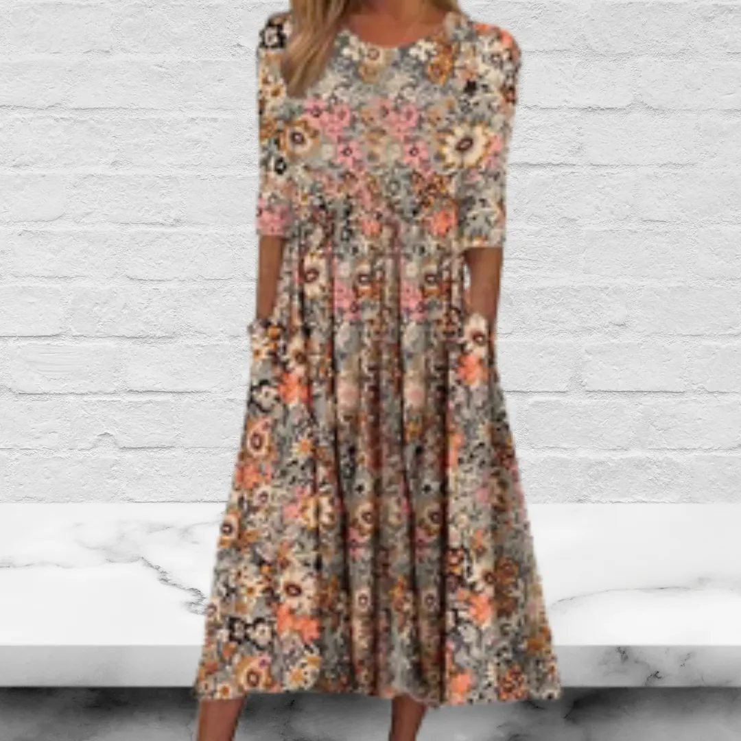 Women's A Line Floral Print Crew Neck Half Sleeve Midi Dress