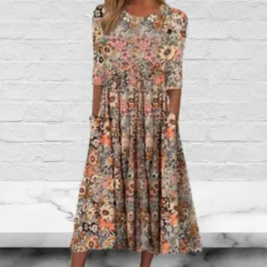 Women's A Line Floral Print Crew Neck Half Sleeve Midi Dress