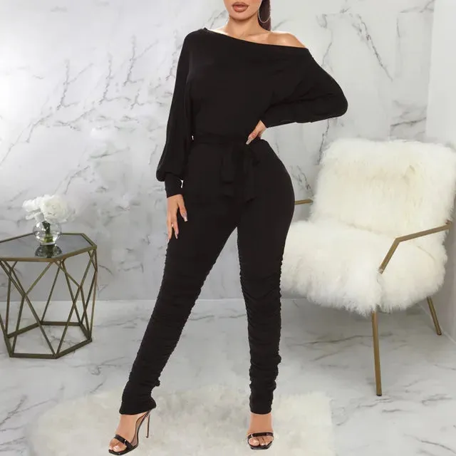 Women’s Off-Shoulder Belted Jumpsuit - Elegant Solid Color Bodycon Ankle-Length Romper