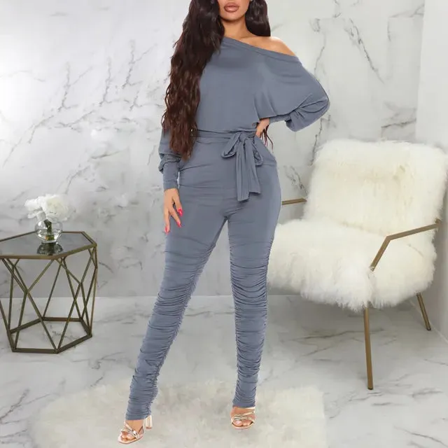 Women’s Off-Shoulder Belted Jumpsuit - Elegant Solid Color Bodycon Ankle-Length Romper