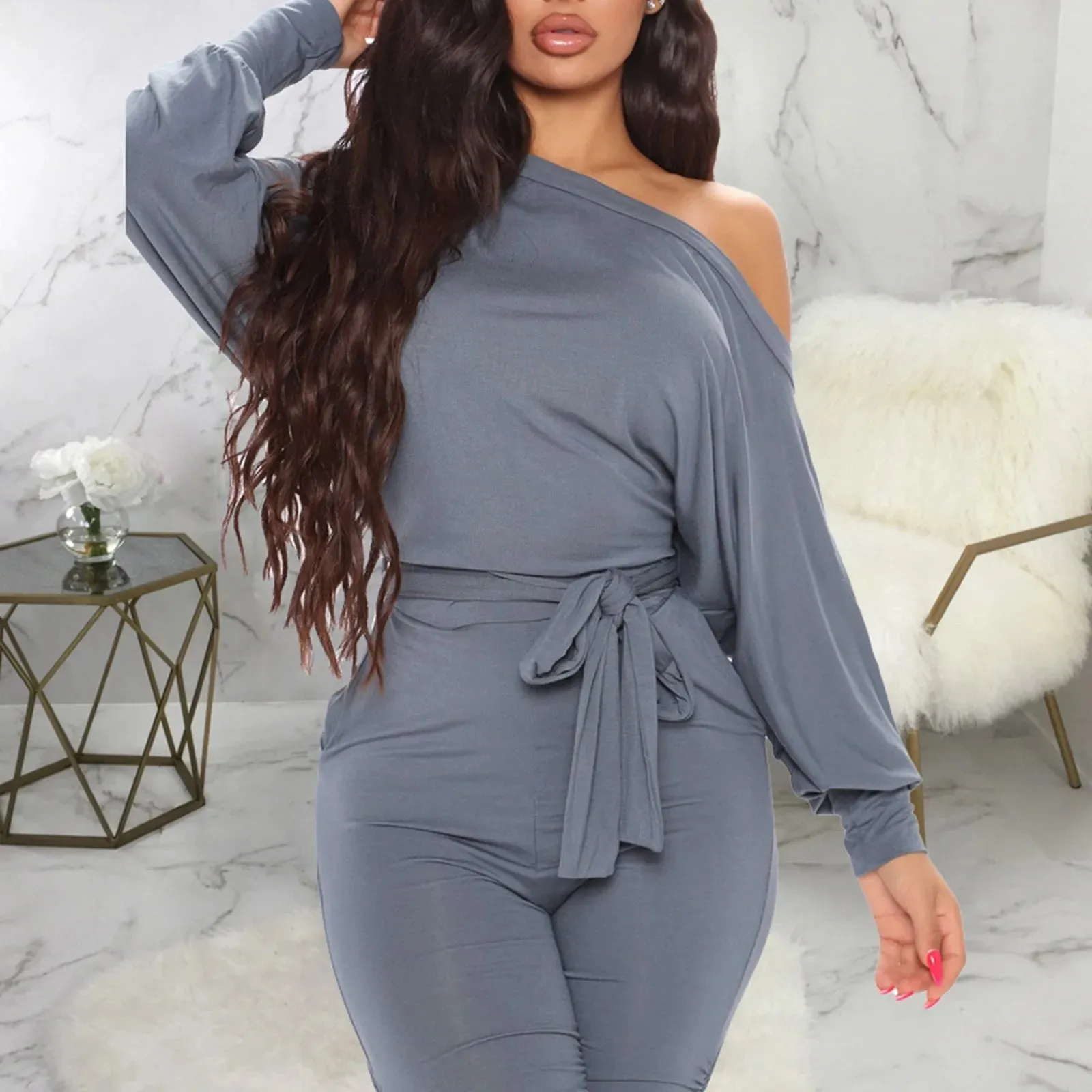 Women’s Off-Shoulder Belted Jumpsuit - Elegant Solid Color Bodycon Ankle-Length Romper