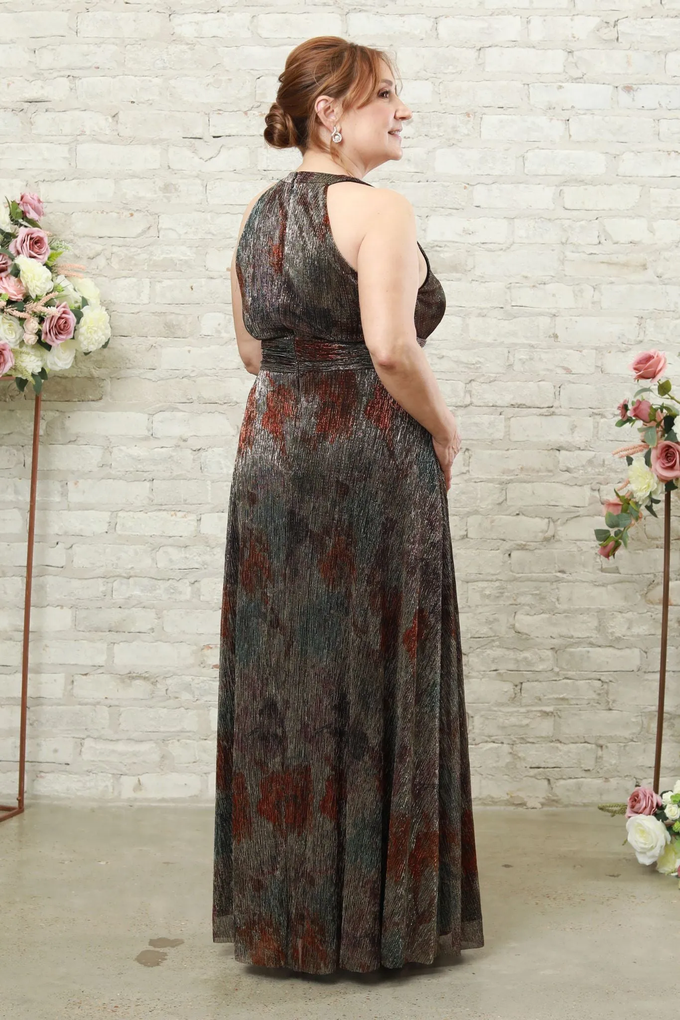 Women's Petite Metallic Evening Gown with Elegant Long Print